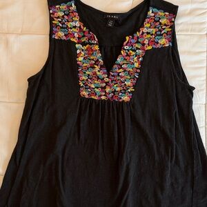Tribal Black Sleeveless Tank with Colorful Embroidered V-Neck